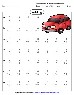 Addition Basic Facts (0-6) Worksheet