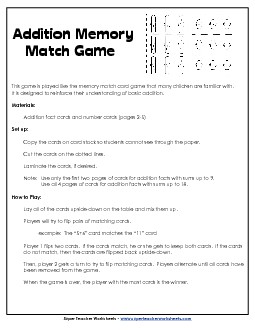 Addition Memory Match Game Worksheet