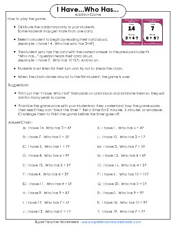 Addition Game: I Have / Who Has Free Worksheet