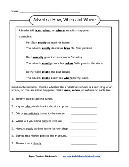 How, When, Where Adverbs Worksheet