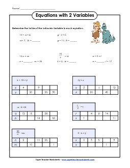 Basic Equations w/ 2 Variables (Substitutions) Free Algebra Worksheet