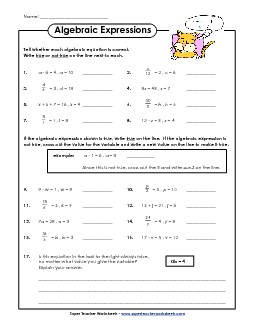 Algebraic Equations: True or Not True? Worksheet