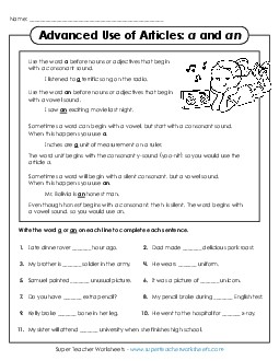 A and AN (Advanced) Adjectives Worksheet