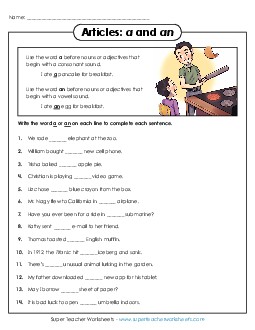 Article Sentences: A and An Adjectives Worksheet