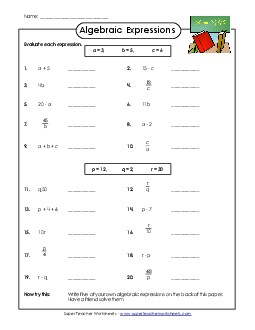 Evaluate Algebraic Expressions (Basic) Worksheet 2 Worksheet