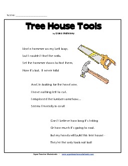 Tree House Tools (Poem) 3rd Grade Reading Comprehension Worksheet