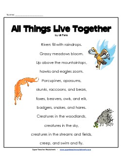 Animals Living Together (Poem) 3rd Grade Reading Comprehension Worksheet