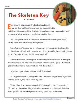 Skeleton Key (Fiction) 4th Grade Reading Comprehension Worksheet