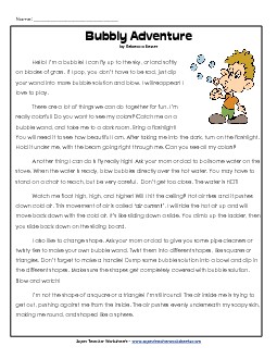 Bubbly Adventure (Science) 3rd Grade Reading Comprehension Worksheet