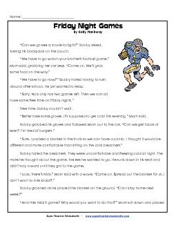 Friday Night Football 3rd Grade Reading Comprehension Worksheet