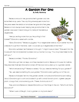 Garden for One 3rd Grade Reading Comprehension Worksheet