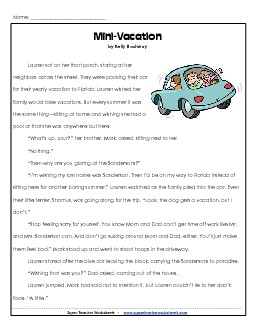 Mini-Vacation 3rd Grade Reading Comprehension Worksheet