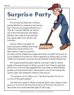 Surprise Party (Fiction) 3rd Grade Reading Comprehension Worksheet