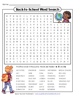 Back-to-School Word Search (Intermediate) Backtoschool Worksheet