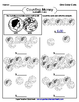 Counting Dollar Coins Money Australian Worksheet