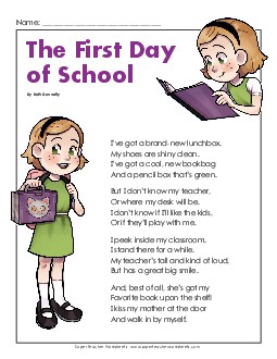 First Day of School Poem 2nd Grade Reading Comprehension Worksheet