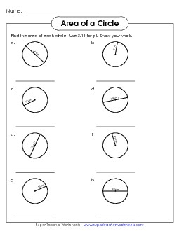 Area of a Circle  2 (Intermediate) Geometry Worksheet