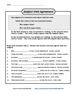 Subject-Verb Agreement Actionverbs Worksheet