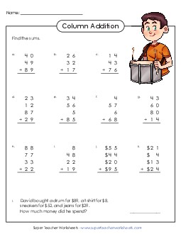 2-Digit Numbers, 4 Addends Addition Worksheet