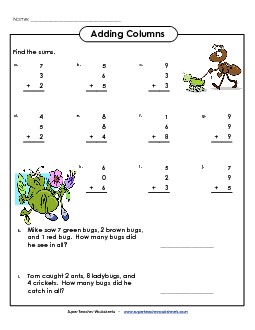 Single-Digit Numbers, 3 Addends Free Addition Worksheet