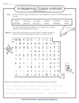 A-Maze-ing Puzzle: Sea Animals A Maze Ing Worksheet