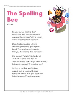 The Spelling Bee (Poem) 5th Grade Reading Comprehension Worksheet