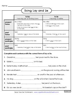 Commonly Confused Verbs: Lay and Lie Actionverbs Worksheet