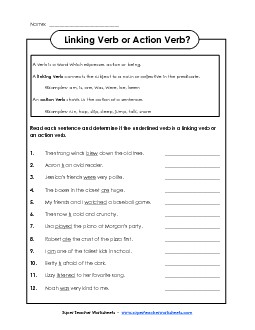 Linking Verbs versus Action Verbs 2 Actionverbs Worksheet