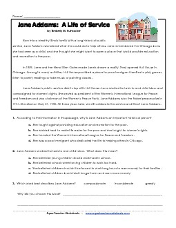 Jane Addams (Short, Biographical) 5th Grade Reading Comprehension Worksheet