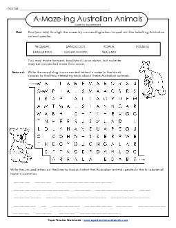 A-Maze-ing Puzzle: Australian Animals Free A Maze Ing Worksheet