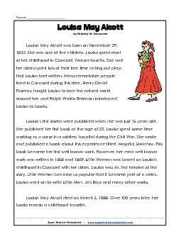 Louisa May Alcott (Biographical) 5th Grade Reading Comprehension Worksheet