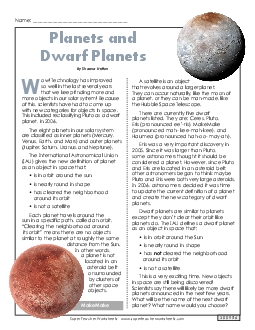 Dwarf Planets Article & Questions Reading Comprehension Worksheet