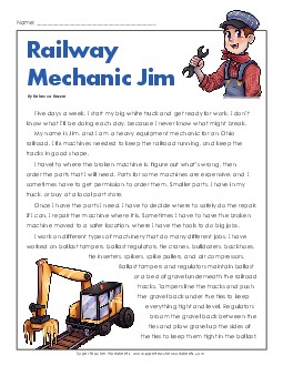 Railway Mechanic Jim 5th Grade Reading Comprehension Worksheet