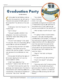 Graduation Party 5th Grade Reading Comprehension Worksheet