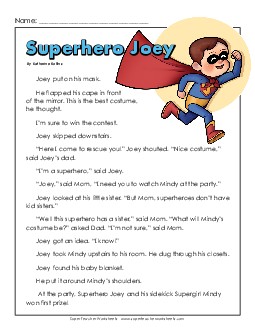 Superhero Joey 2nd Grade Reading Comprehension Worksheet