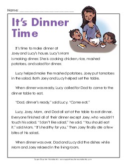 Family Dinner 2nd Grade Reading Comprehension Worksheet