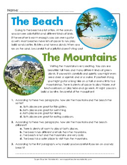 Beach and Mountains (Compare & Contrast) 2nd Grade Reading Comprehension Worksheet