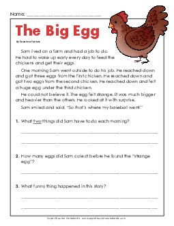 The Big Egg (Short) 2nd Grade Reading Comprehension Worksheet