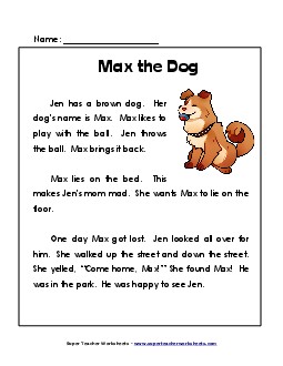 Max the Dog 1st Grade Reading Comprehension Worksheet