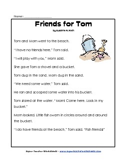 Friends for Tom 1st Grade Reading Comprehension Worksheet