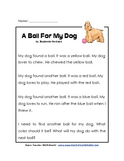 Ball For My Dog 1st Grade Reading Comprehension Worksheet