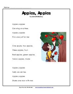 Apples, Apples (Poem) 1st Grade Reading Comprehension Worksheet