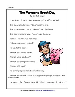 Farmer\'s Special Day 1st Grade Reading Comprehension Worksheet