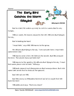 Early Bird Catches the Worm 1st Grade Reading Comprehension Worksheet