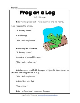 Frog on a Log 1st Grade Reading Comprehension Worksheet