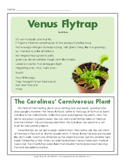 Venus Flytraps (Article & Poem) 4th Grade Reading Comprehension Worksheet