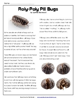 Roly-Poly Pill Bugs (Article) Free 4th Grade Reading Comprehension Worksheet