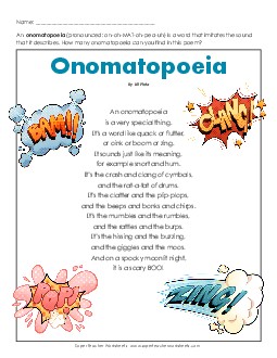 Onomatopoeia (Poem) 4th Grade Reading Comprehension Worksheet