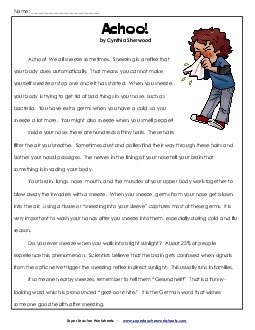 Achoo! (Article) Free 4th Grade Reading Comprehension Worksheet