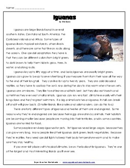 Iguanas (Article) 4th Grade Reading Comprehension Worksheet